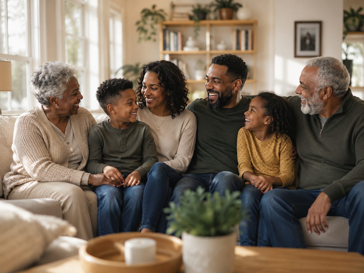A happy multi-generational American family laughing together at home